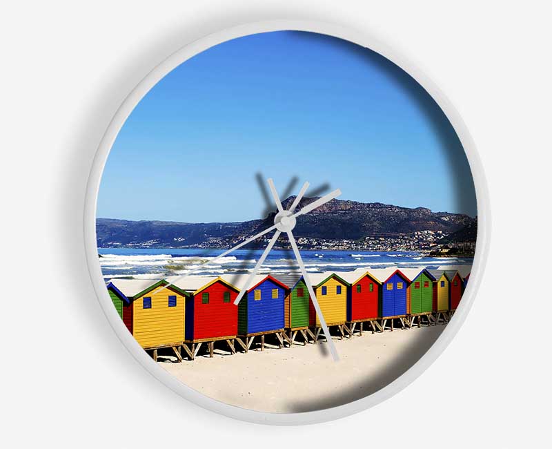 Colourful Beach Hut Line-Up Clock - Wallart-Direct UK
