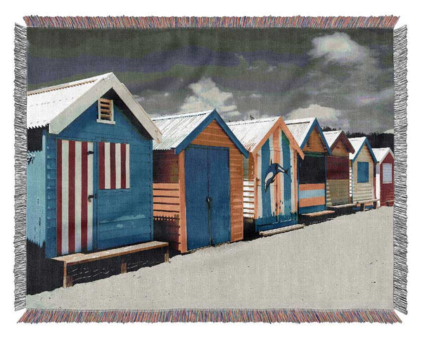 Colourful Beach Huts On B n W Woven Blanket
