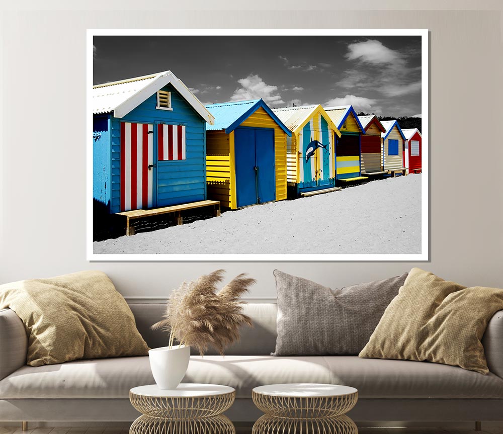 Colourful Beach Huts On B N W Print Poster Wall Art