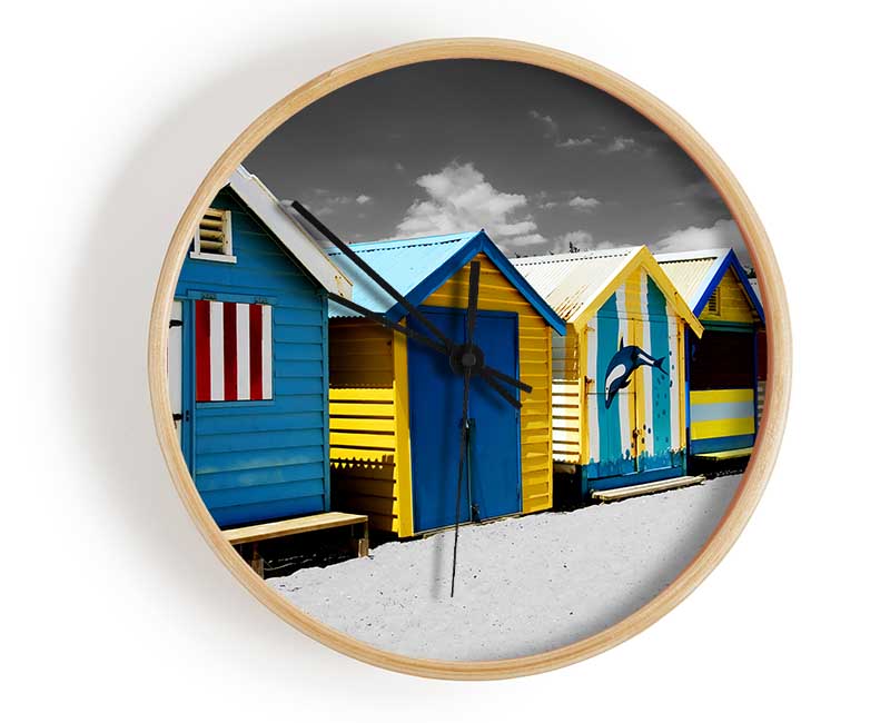 Colourful Beach Huts On B n W Clock - Wallart-Direct UK