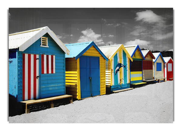 Colourful Beach Huts On B~w