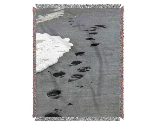 Footprints In The Ocean Sand B n W- Woven Blanket