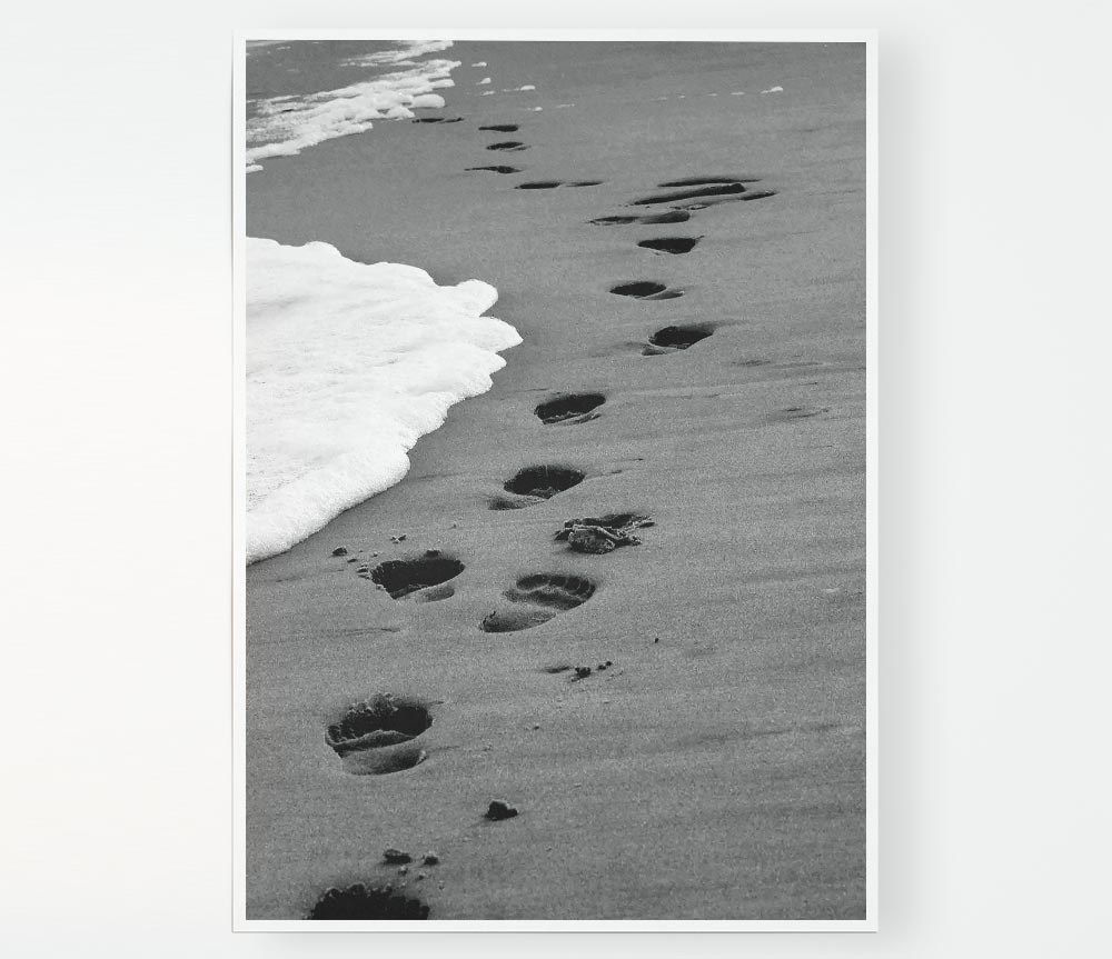 Footprints In The Ocean Sand B N W Print Poster Wall Art