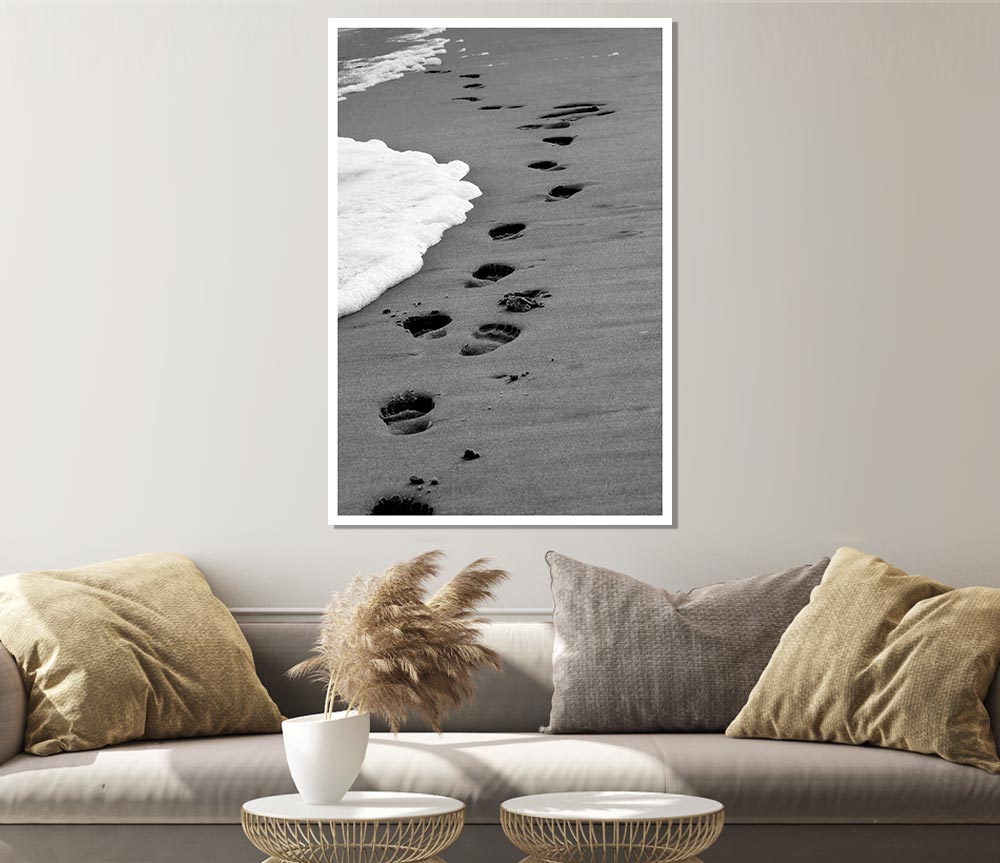 Footprints In The Ocean Sand B N W Print Poster Wall Art