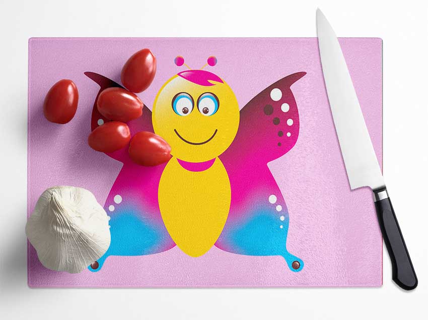 Butterfly Cartoon Face Pink Glass Chopping Board