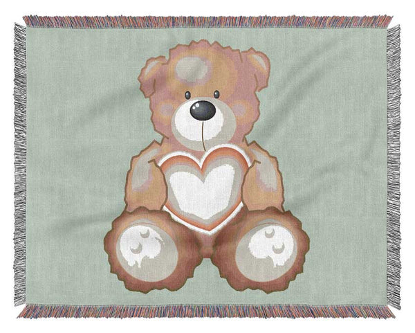 Teddy Bear Love Heart Baby Blue Woven Blanket