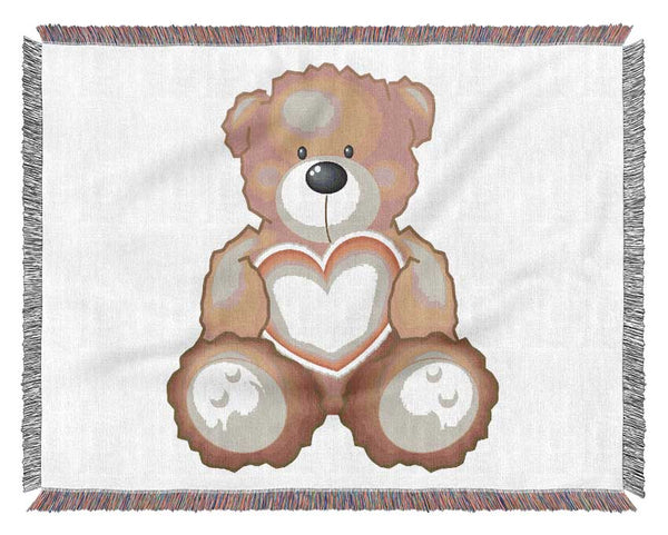 Teddy Bear Love Heart White Woven Blanket