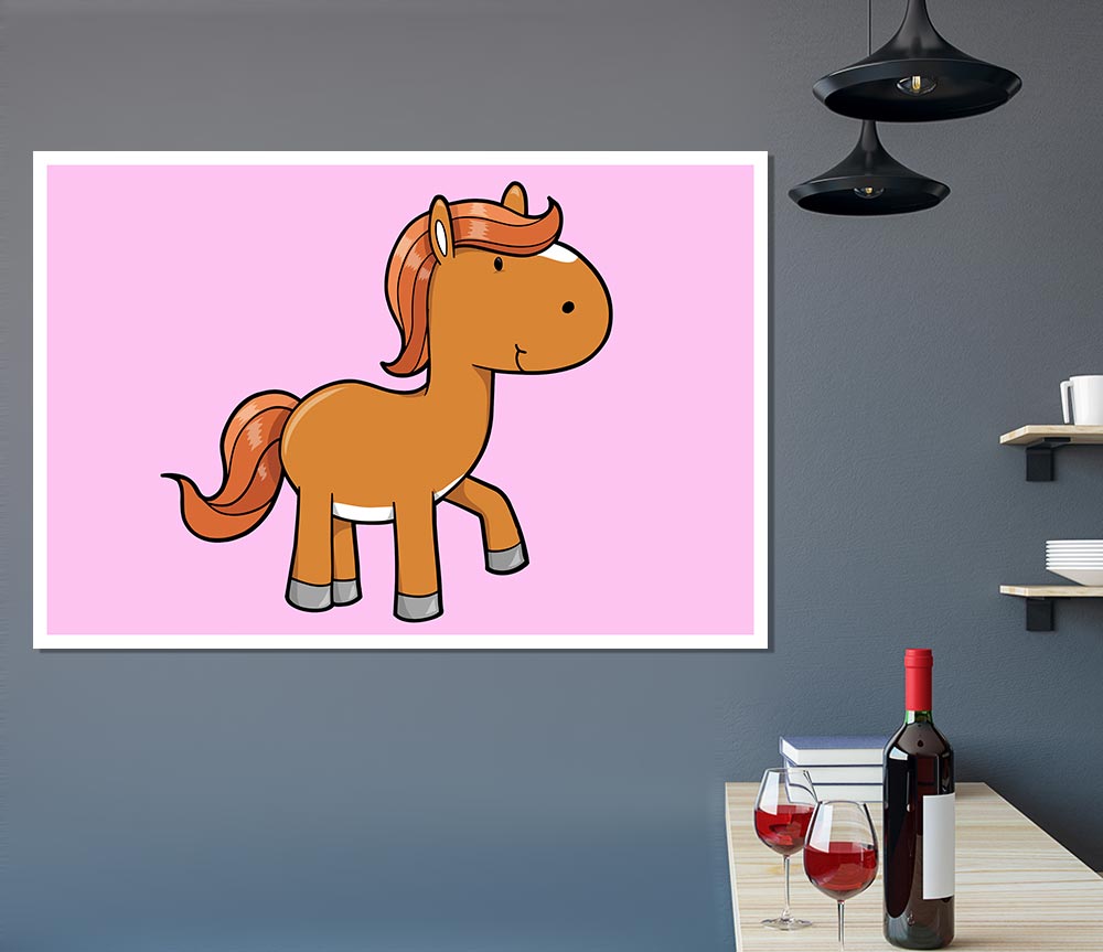 Walking Pony Horse Pink Print Poster Wall Art