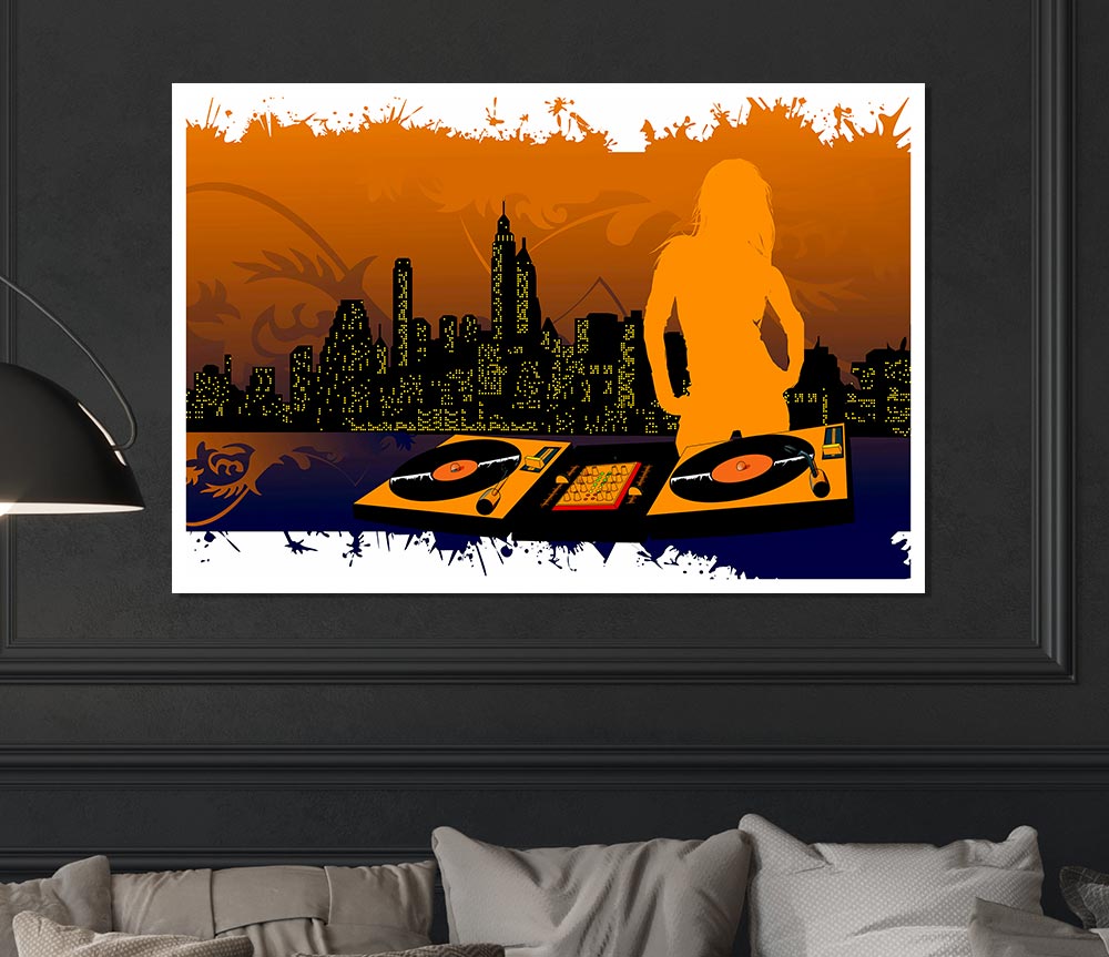 Dj City Babe Orange Print Poster Wall Art