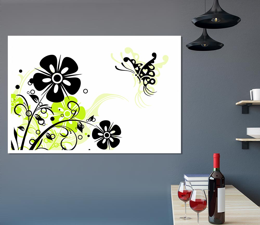 Black Flower Butterfly Print Poster Wall Art