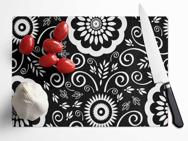 Flock Of Flowers White On Black Glass Chopping Board