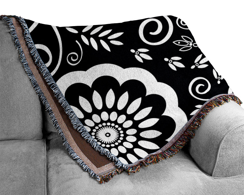 Flock Of Flowers White On Black Woven Blanket