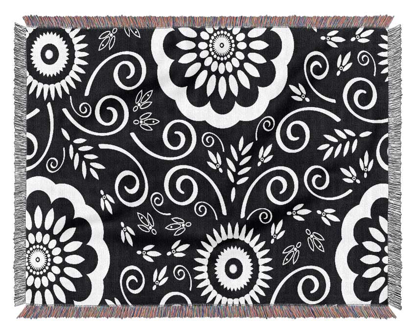 Flock Of Flowers White On Black Woven Blanket