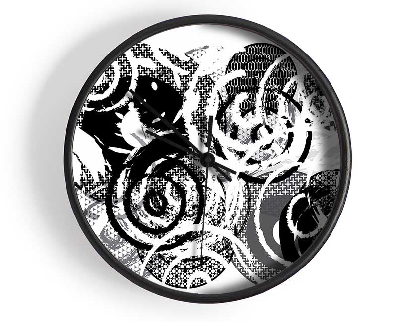 Swirls Of Circles B n W Clock - Wallart-Direct UK