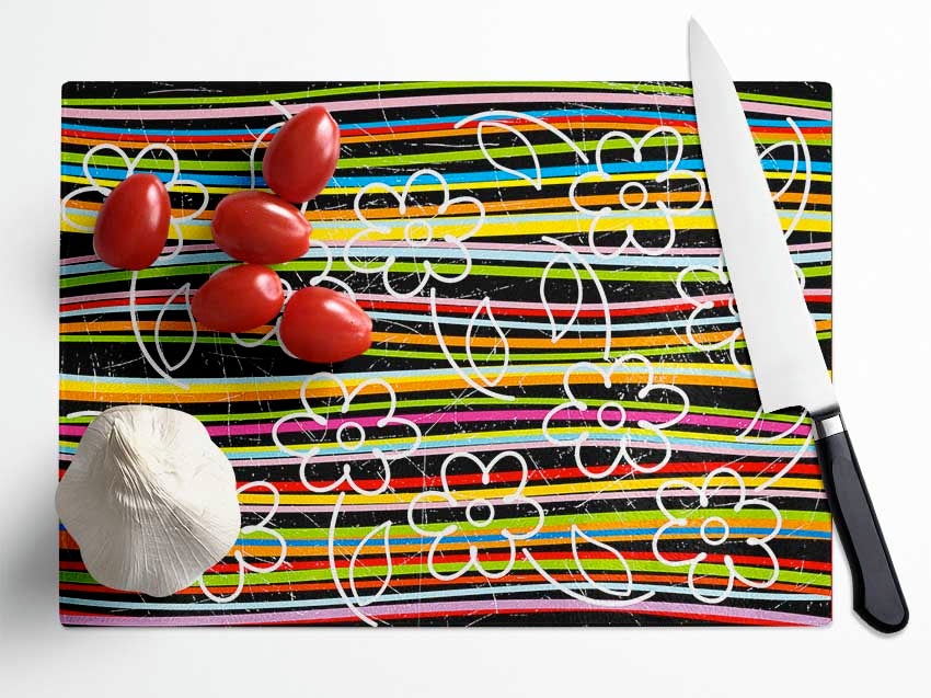 Vertical Rainbow Daisies Glass Chopping Board