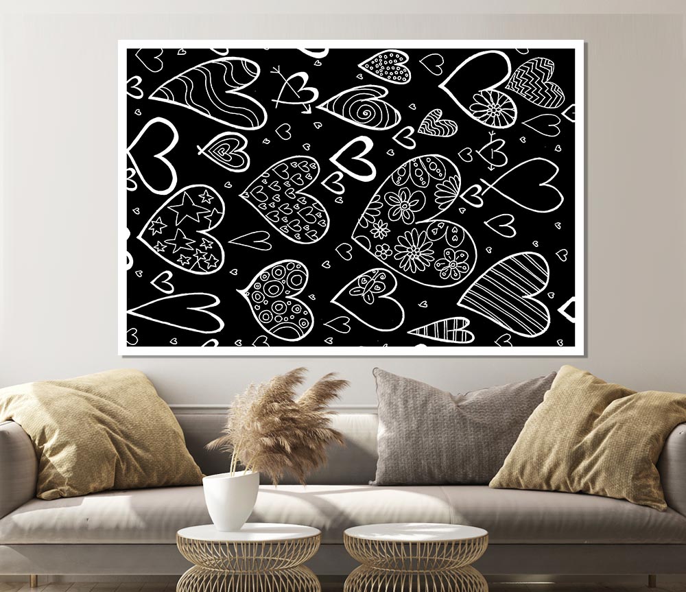 Hearts White On Black Print Poster Wall Art