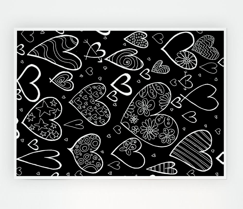 Hearts White On Black Print Poster Wall Art