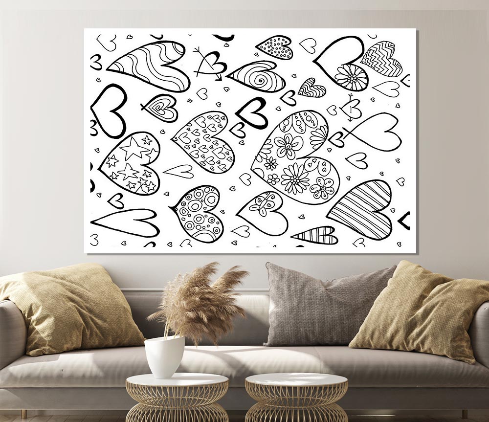 Hearts Black On White Print Poster Wall Art