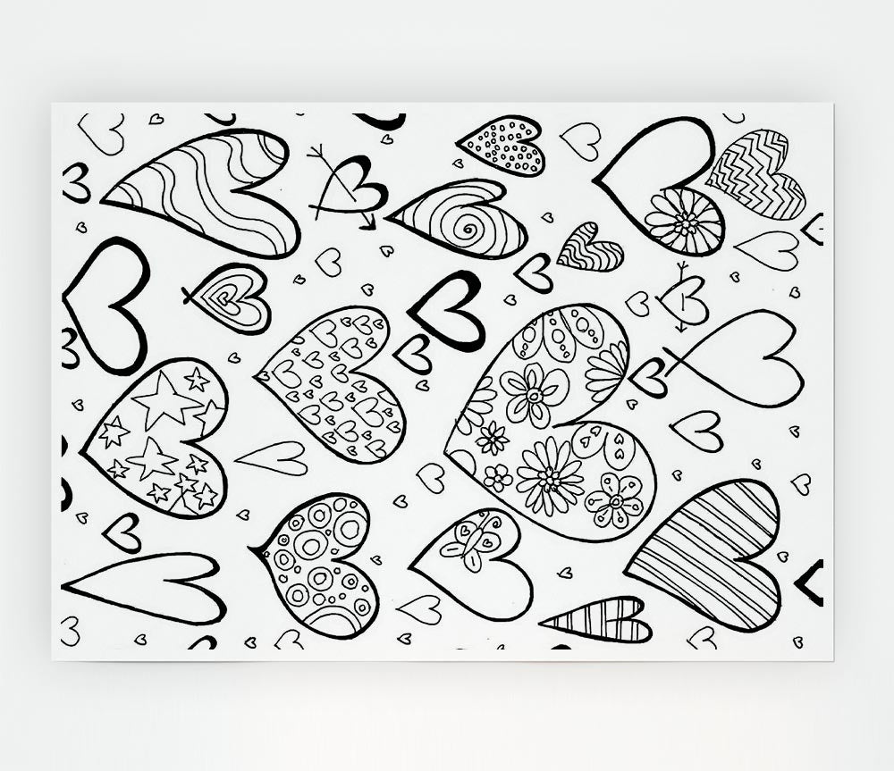Hearts Black On White Print Poster Wall Art