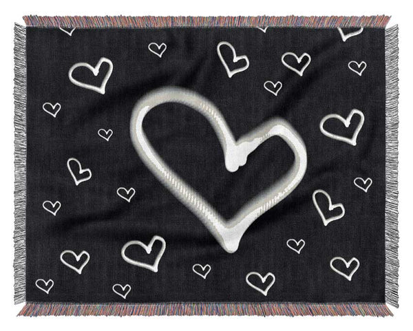 Love Hearts White On Black Woven Blanket