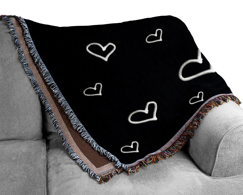 Love Hearts White On Black Woven Blanket