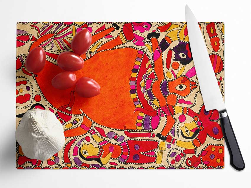 Aboriginal Madhubani Glass Chopping Board