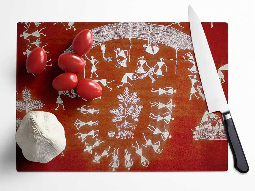 Aboriginal Warli Mahabharata Glass Chopping Board