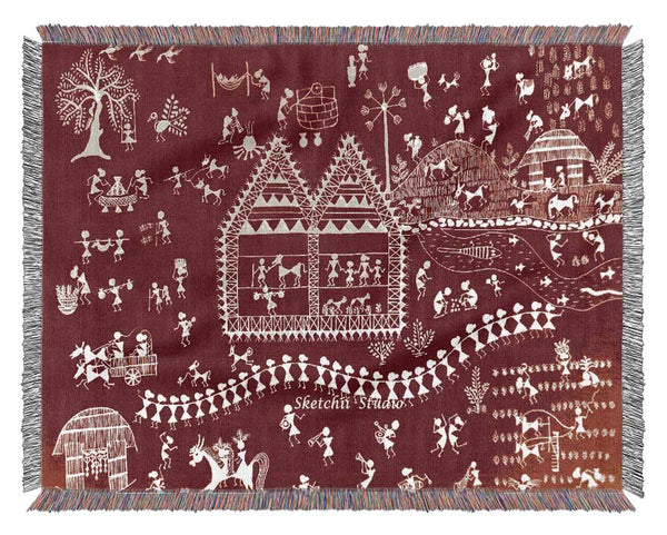 Aboriginal Warli Tribal Village Celebrations Woven Blanket