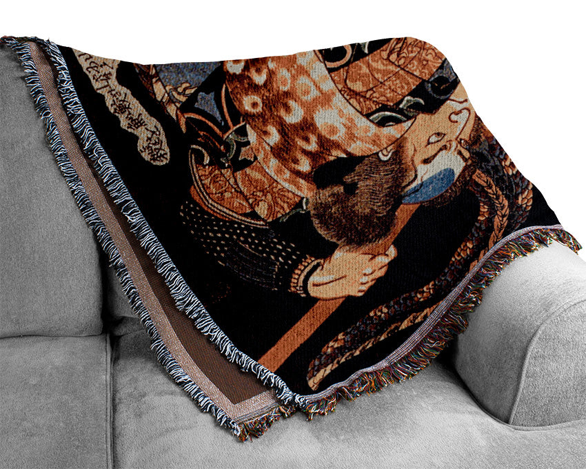 Japanese Miyamoto Musashi Killing A Giant Nue Woven Blanket