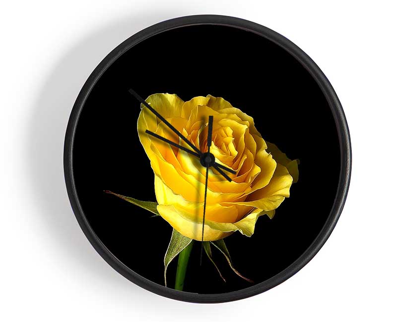 Yellow Rose On Black Background Clock - Wallart-Direct UK