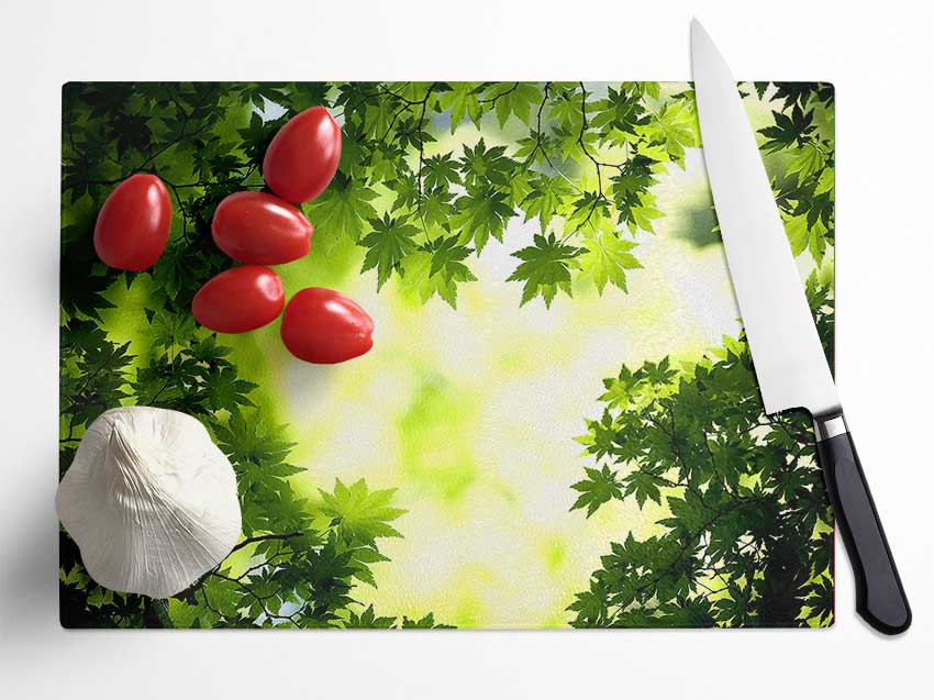 Green Maple Leaves Glass Chopping Board
