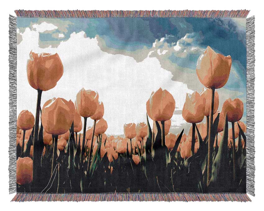 Yellow Tulips In The Cloudy Skies Woven Blanket