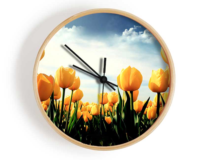 Yellow Tulips In The Cloudy Skies Clock - Wallart-Direct UK