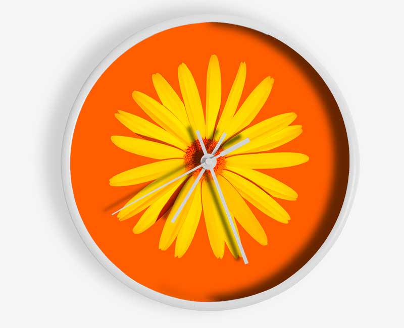 Yellow Daisy Face On Orange Clock - Wallart-Direct UK