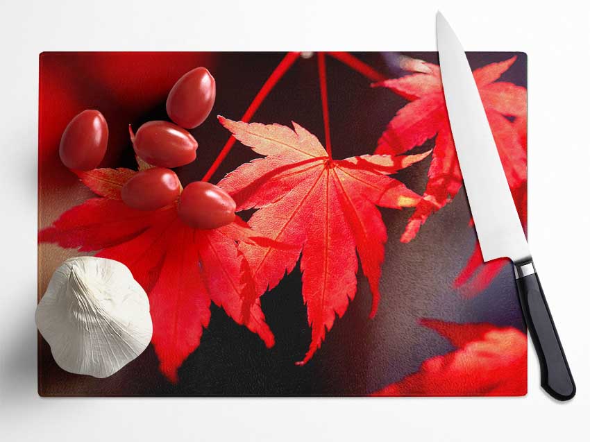 Winter Red Leaves Glass Chopping Board