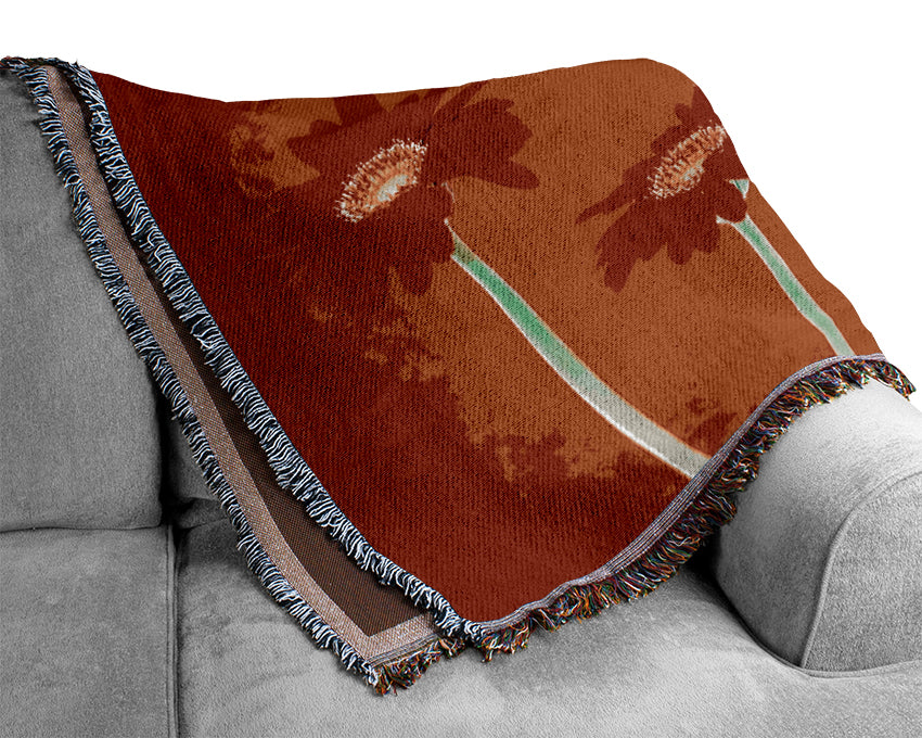 Red Daisies On Orange Woven Blanket