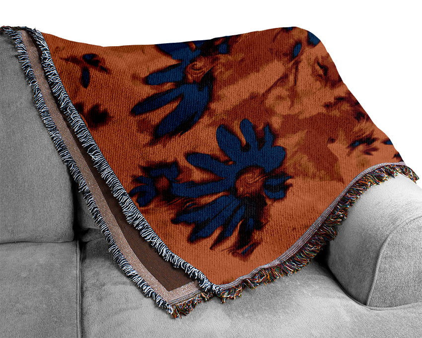 Purple On Orange Flowers Woven Blanket