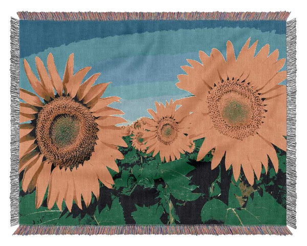 Huge Sunflower Heads In The Blue Cloudless Sky Woven Blanket
