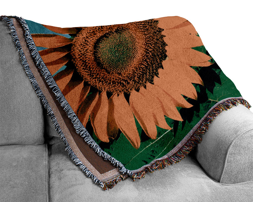 Huge Sunflower Heads In The Blue Cloudless Sky Woven Blanket