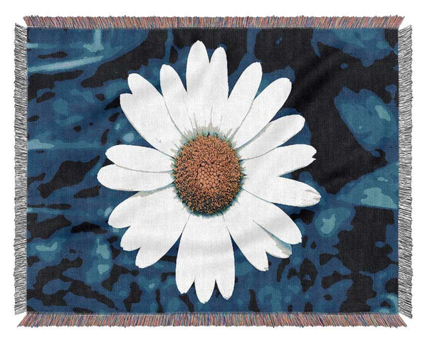 White Daisy Face On Blue Woven Blanket