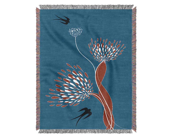 Flower Doves Blue On Red Woven Blanket