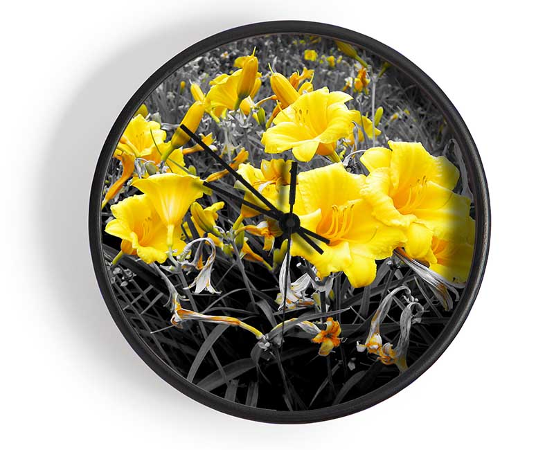 Yellow Trumpet Flowers On B n W Clock - Wallart-Direct UK