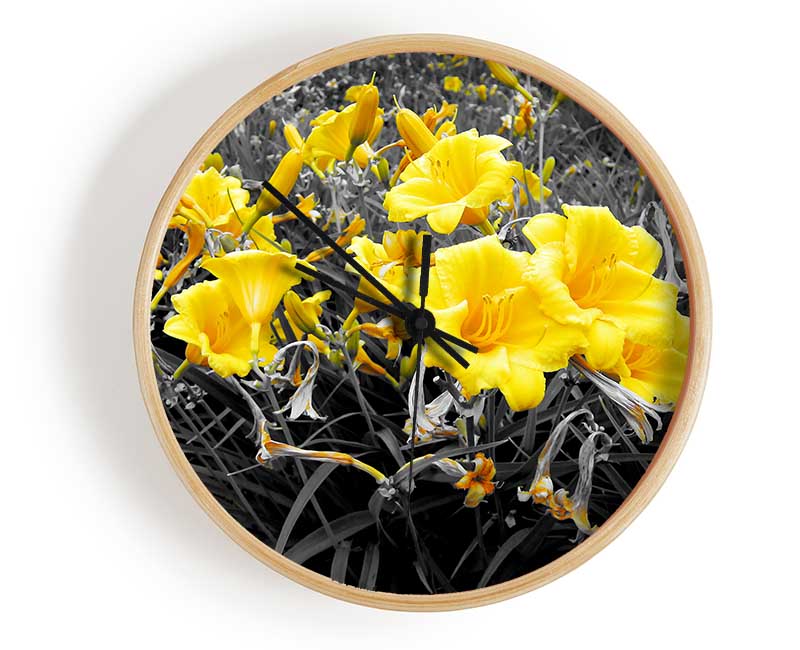 Yellow Trumpet Flowers On B n W Clock - Wallart-Direct UK