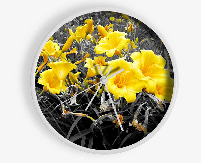 Yellow Trumpet Flowers On B n W Clock - Wallart-Direct UK