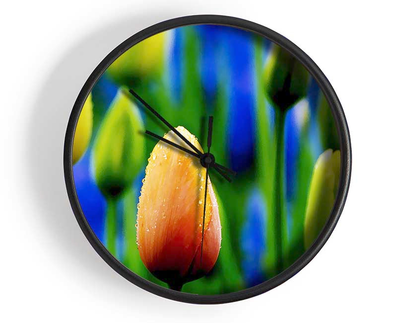 Yellow Tulips In A Blue Field Clock - Wallart-Direct UK