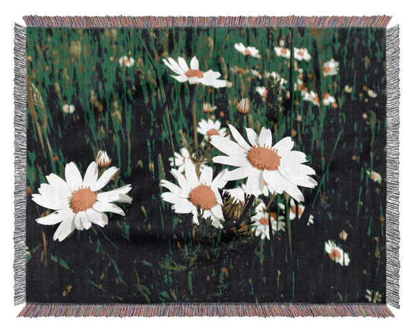 White Daisy Field Amongst The Grass Woven Blanket
