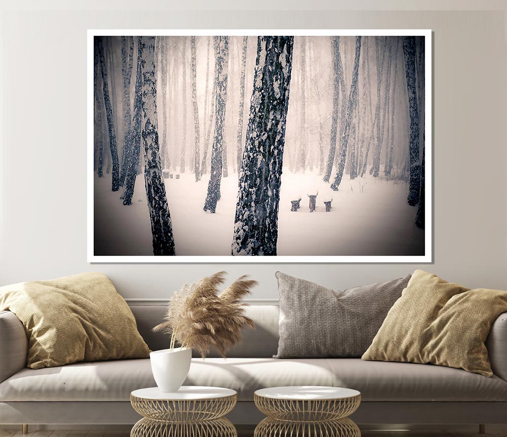 Forest Snowing Print Poster Wall Art