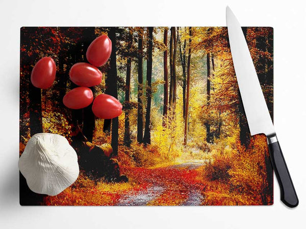 Forest Autumn Path Glass Chopping Board