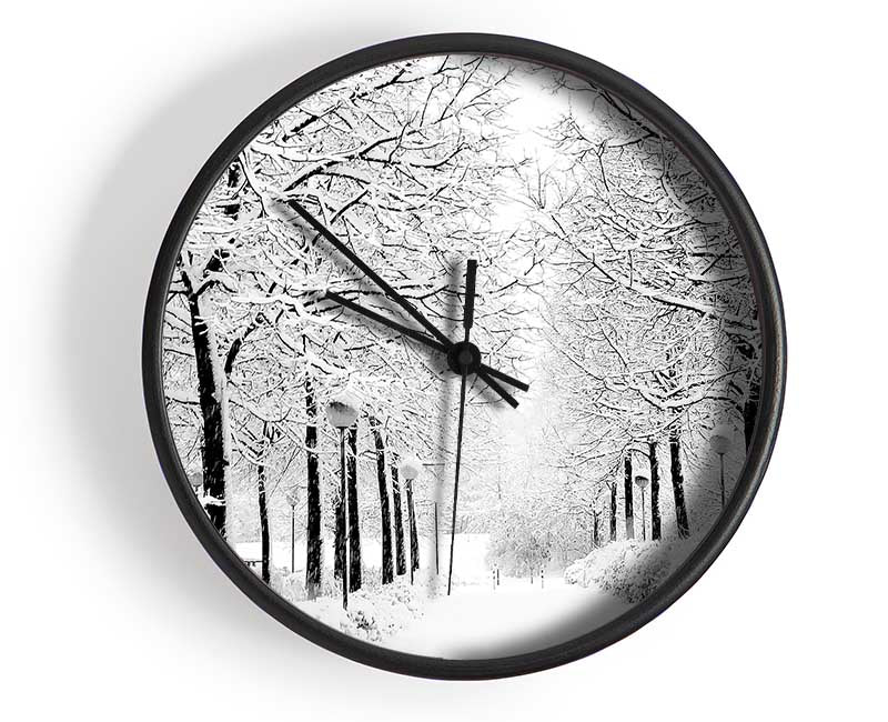 Winter In The Park Black And White Clock - Wallart-Direct UK