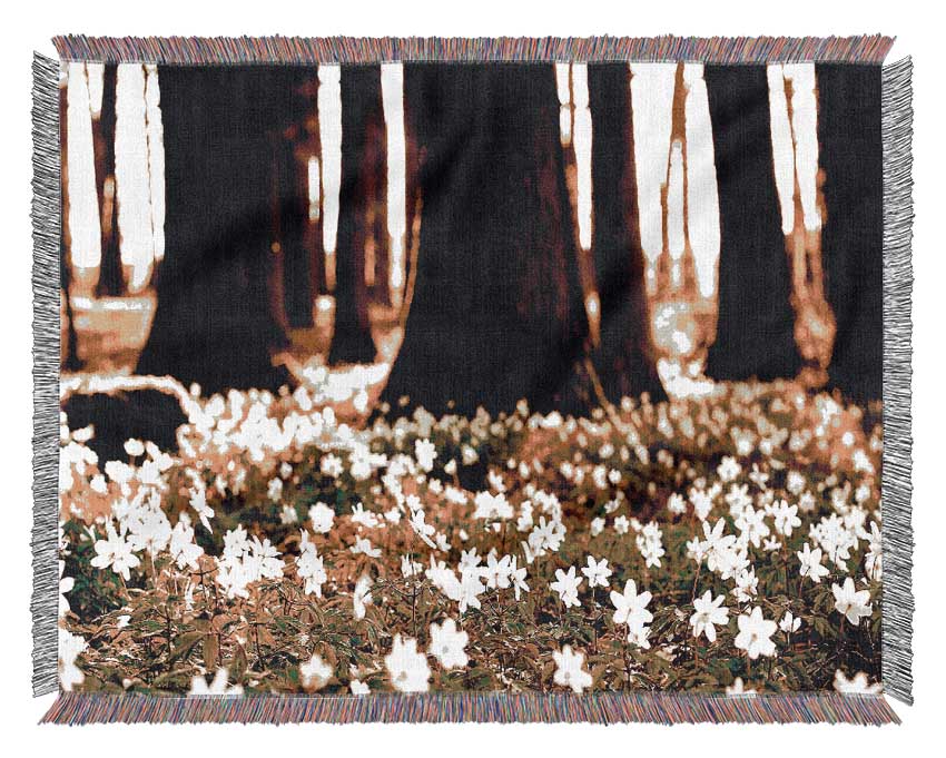 White Forest Flowers Woven Blanket